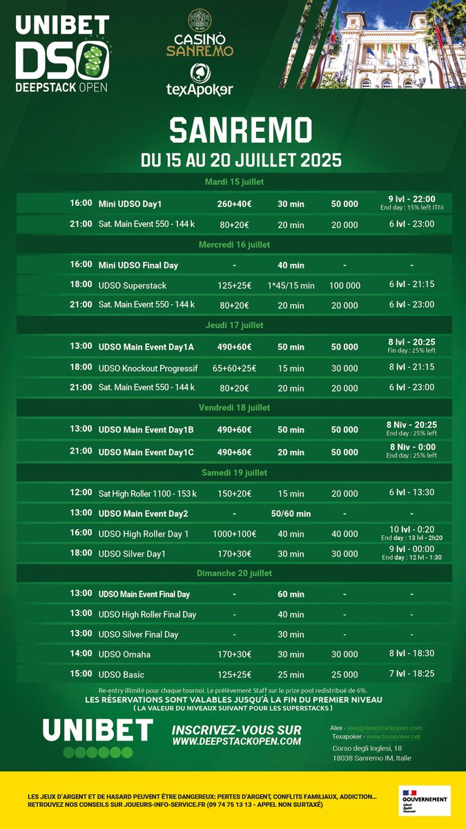 TexapokerLive's tweet image. 🙌 Le @DeepStackOpen est en cours au Casino de Sanremo en Italie ! Le Mini DSO à 300€ a réuni 185 entrants pour un prizepool de 45 214€ et 27 restants au Jour final, tous assurés de 610€ alors que le grand vainqueur empochera 8 600€ ! #poker #pokerlive #DSO
💪 Pendant ce…