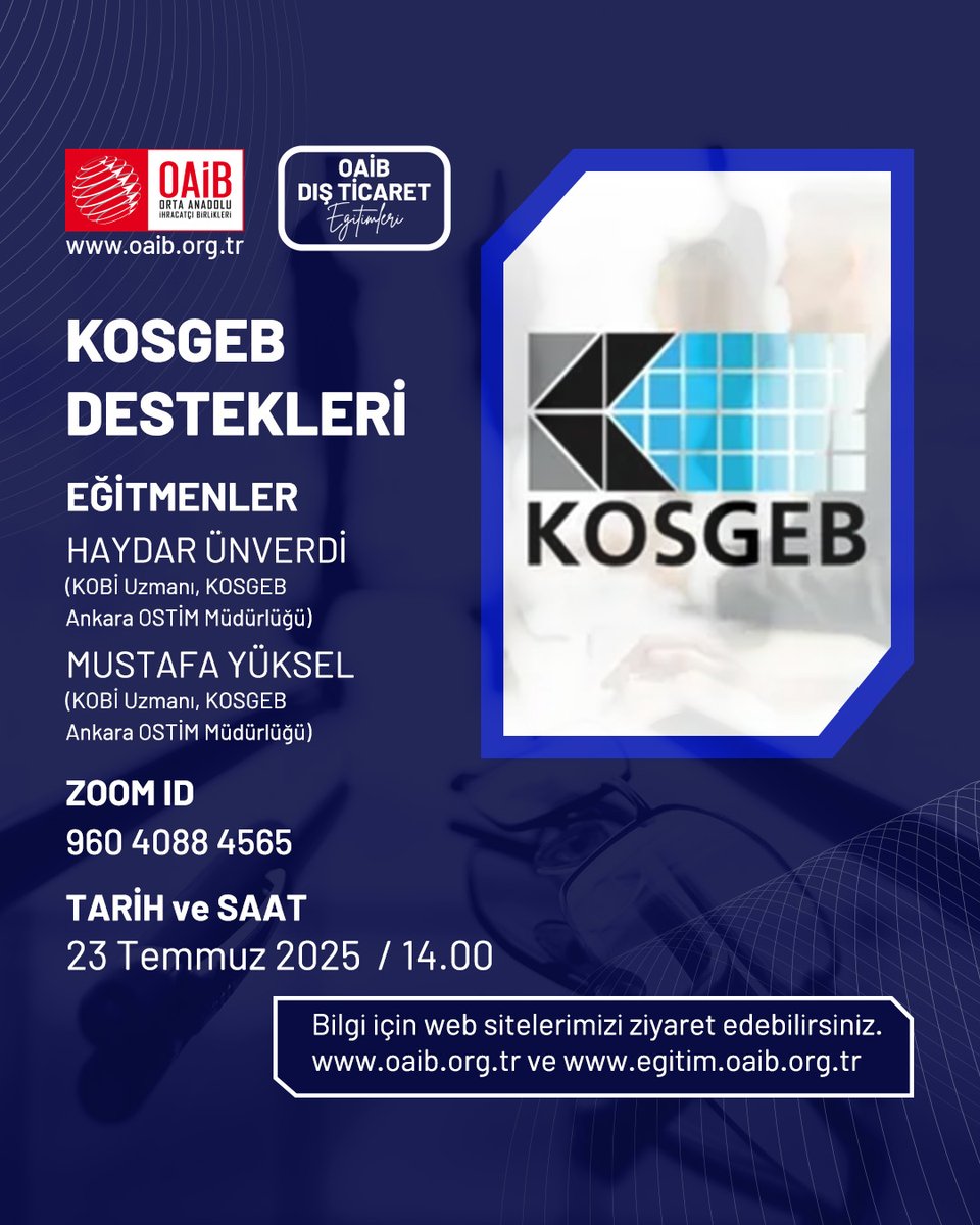 KOSGEB Destekleri, 23 Temmuz Çarşamba saat 14.00’te Haydar Ünverdi ve Mustafa Yüksel anlatımlarıyla gerçekleşecektir. Eğitimimize katılmak için profildeki linke tıklayınız.