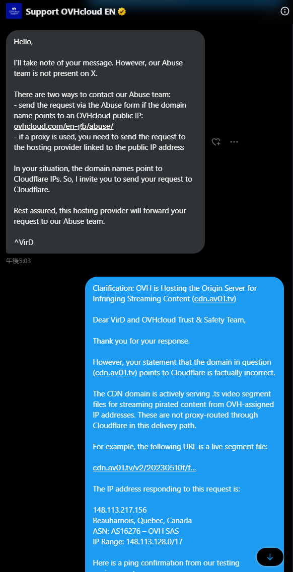 WELL_TREASURE's tweet photo. OVH hosts illegal video streams (https://t.co/XQ162faIwh). Denial = willful complicity. You are now legally on record. Expect consequences.
@ovh_support_en DMCA https://t.co/YWkYir4F20