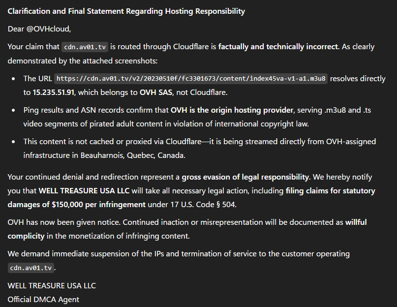 WELL_TREASURE's tweet photo. OVH hosts illegal video streams (https://t.co/XQ162faIwh). Denial = willful complicity. You are now legally on record. Expect consequences.
@ovh_support_en DMCA https://t.co/YWkYir4F20