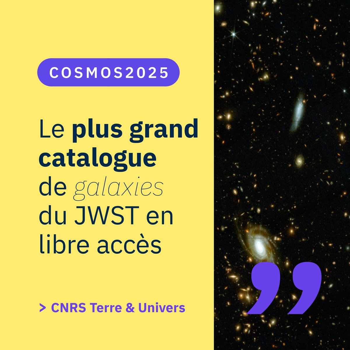 CNRS_INSU's tweet image. 🌌 780 000 galaxies observées par #JWST sur une zone équivalente à 3 pleines lunes 🌕
Le catalogue #COSMOS2025 révèle des galaxies massives dans l'Univers jeune
📊 Données libres + visualiseur interactif
#ScienceOuverte
👉 insu.cnrs.fr/fr/cnrsinfo/co…