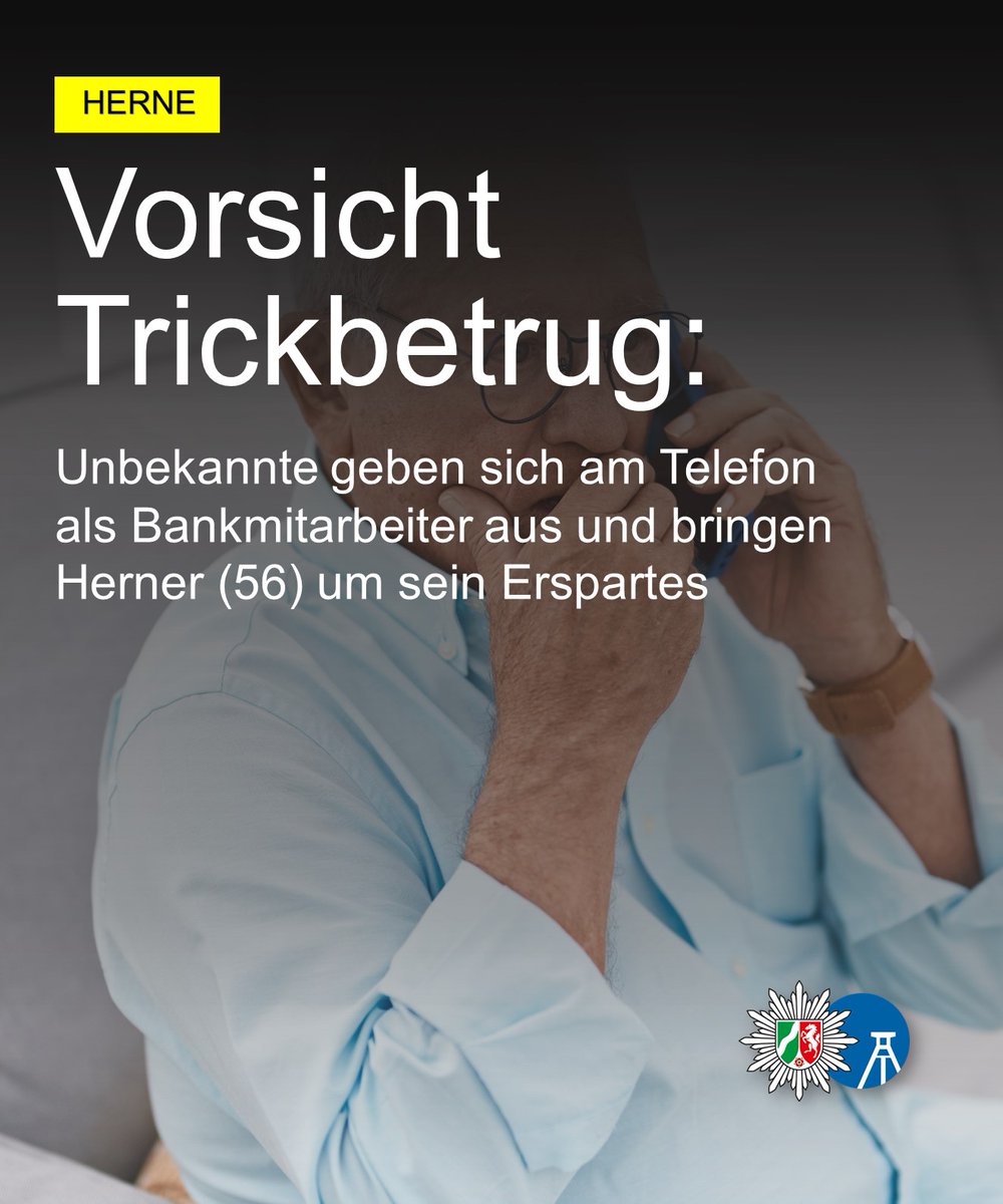 polizei_nrw_bo's tweet photo. Am Dienstag, 15. Juli, ist ein 56-jähriger #Herner Opfer eines Trickbetrugs geworden. Unbekannte Kriminelle gaben sich telefonisch als Bankmitarbeiter aus und brachten den Herner um sein Erspartes.
Zur Pressemeldung: https://t.co/ToOkmQFvQ9 https://t.co/aIEyDJM75m