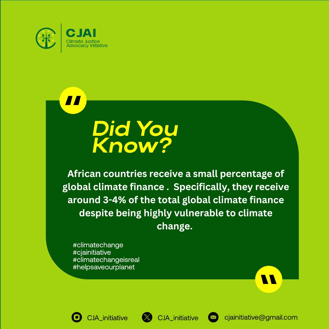 Despite facing some of the harshest climate impacts, African countries receive only 3–4% of total global climate finance.
Climate justice means equity, not charity.  Therefore , equity must lead the conversation on climate finance.
#ClimateFinance 
#ClimateJustice