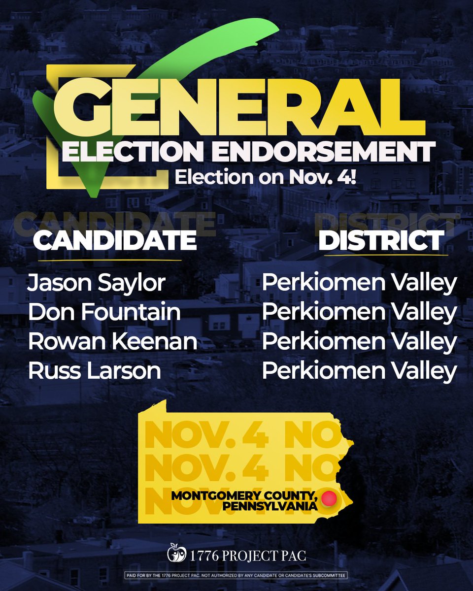 1776ProjectPac's tweet image. ENDORSEMENT ALERT
⚠️⚠️⚠️⚠️⚠️⚠️⚠️⚠️
Perkiomen Valley, Montgomery County, Pennsylvania save this NOW & share with everyone you know!! Get ready to vote in NOVEMBER!!!