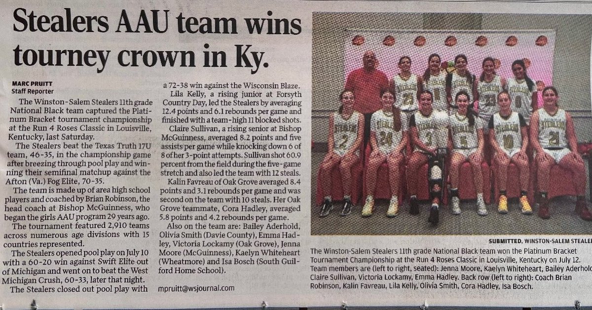 WSSTEALERS (@wsstealers) on Twitter photo <a href="/JournalNow/">Winston-Salem Journal</a> article on <a href="/TFNsRun4Roses/">TFN's Run 4 Roses</a> Classic Championship by <a href="/Marc_Pruitt/">Marc Pruitt</a> .
<a href="/KalinFavreau/">KalinFavreau</a> <a href="/kwhitehart2026/">Kaelyn Whitehart 2026</a> <a href="/emmahadley26/">Emma Hadley</a> <a href="/corahadley26/">Cora Hadley</a> <a href="/VictoriaL2027/">Victoria Lockamy</a> <a href="/BaileyAderhold/">Bailey Aderhold</a> <a href="/lilawkelly/">Lila Kelly</a>
#GOSTEALERS!!! <a href="/JournalNow/">Winston-Salem Journal</a> article on <a href="/TFNsRun4Roses/">TFN's Run 4 Roses</a> Classic Championship by <a href="/Marc_Pruitt/">Marc Pruitt</a> .
<a href="/KalinFavreau/">KalinFavreau</a> <a href="/kwhitehart2026/">Kaelyn Whitehart 2026</a> <a href="/emmahadley26/">Emma Hadley</a> <a href="/corahadley26/">Cora Hadley</a> <a href="/VictoriaL2027/">Victoria Lockamy</a> <a href="/BaileyAderhold/">Bailey Aderhold</a> <a href="/lilawkelly/">Lila Kelly</a>
#GOSTEALERS!!!