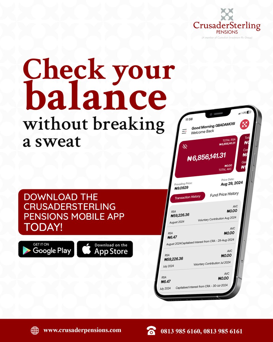 CSPensions's tweet photo. Yes, you can check your pension balance from anywhere at anytime with the CrusaderSterling Pensions Mobile App.  

All you need to do is download it and get registered if you are yet to.  

#CrusaderSterlingPensions #MobileApp #PensionBalance https://t.co/n91H8gIvL7