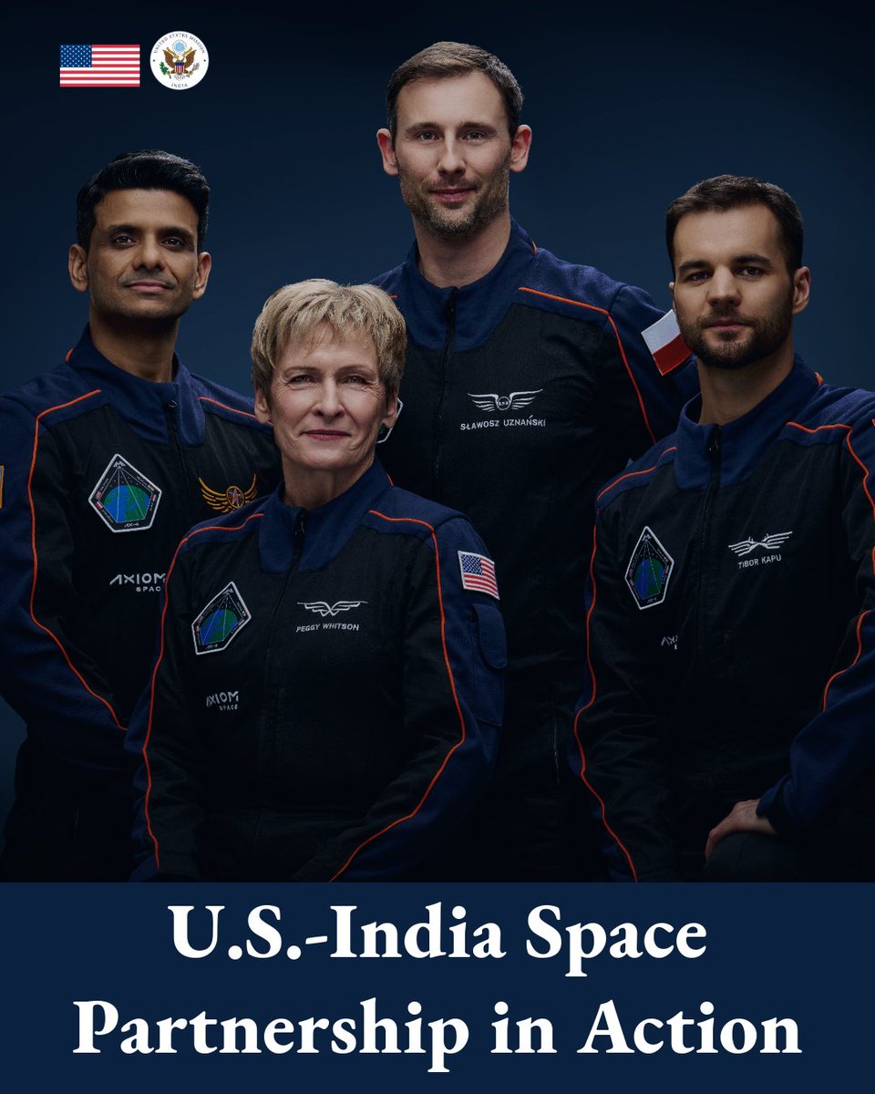 USAndIndia's tweet image. From India to @NASA training in Houston, from launching from Florida to outer space, from the @Space_Station to arrival back off the California coast - we’re proud of the role U.S. expertise and the spirit of U.S.-India space collaboration played as Shubhanshu Shukla “inspired a…
