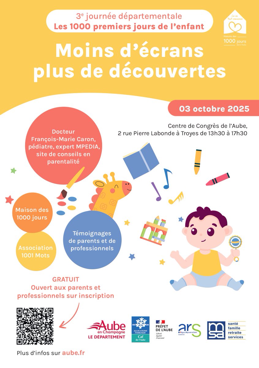 👶RDV le 3 octobre au Centre de congrès de l’Aube pour la 3ᵉ Journée départementale dédiée aux 1000 premiers jours de l’enfant.

🎯Un temps fort pour s’informer et découvrir les initiatives concrètes développées sur le territoire.

ℹ Inscriptions :pulse.ly/k7rv5mdasx