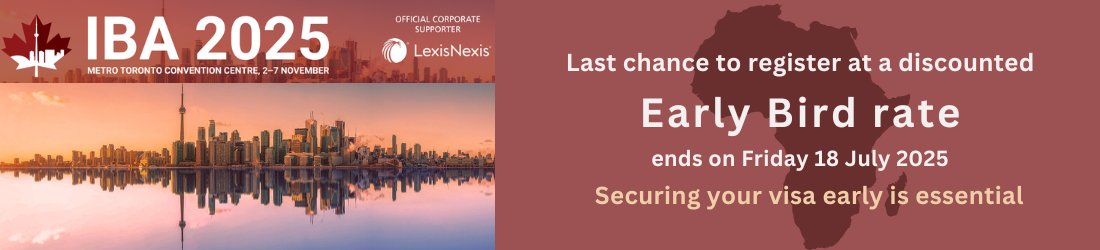 IBALegalAfrica's tweet image. Last chance to book - the discounted registration rate for the 2025 IBA Annual Conference in #Toronto, #Canada ends Friday 18 July 2025 at 23h59 BST. Securing your visa early is essential.
Register your attendance at an early bird rate: ibanet.org/conference-det…