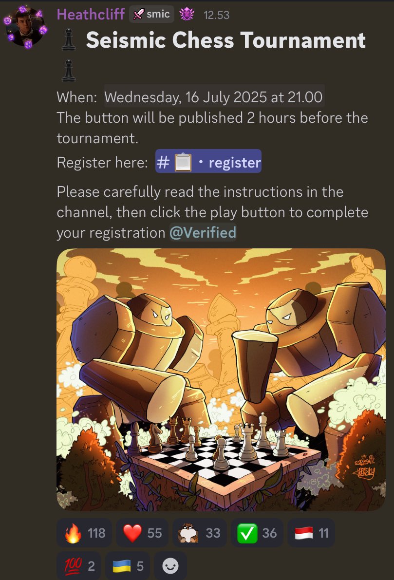 tomcatcatt's tweet image. ♟️ Seismic Chess Tournament!
Get ready for the most exciting chess event yet!
Sign up now and show off your best moves! ✨
@SeismicSys
