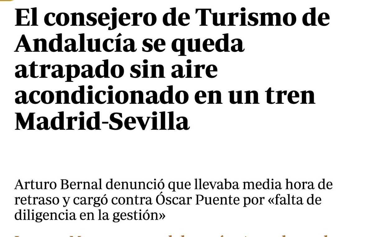 🥵 Pobrecito el consejero Bernal… Sudó 30 minutos en el AVE. ¡Una tragedia nacional!
🤔 Si media hora sin aire acondicionado es "falta de diligencia", entonces, lo suyo… , lo del gobierno de Moreno Bonilla ¿qué es?
🤒 Más de 2 millones de andaluces atrapados sine die en listas