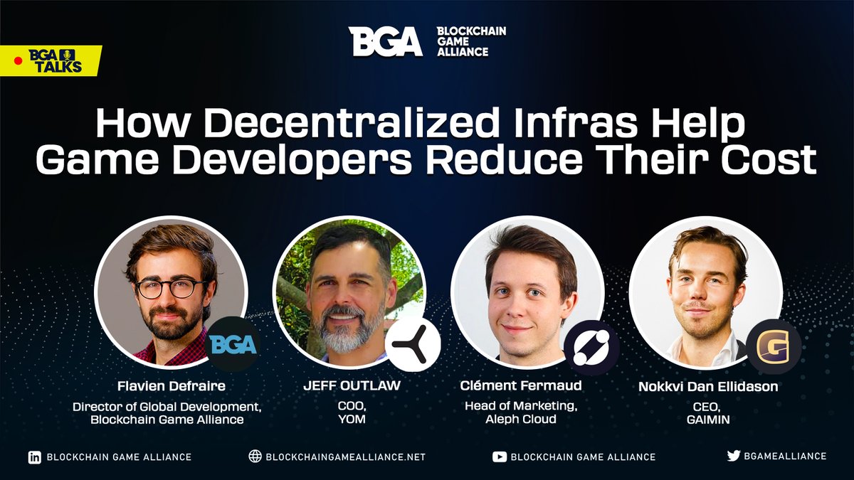 BGameAlliance's tweet image. 🎉 We&apos;re back with our latest episode of BGA Talks - our discussion series spotlighting the builders shaping Blockchain Gaming! 🎮

We’re back with:
Decentralized Infrastructure &amp;amp; Game-Dev Costs 🛠

Featuring speakers from:
🔹 @FlavienDef, BGA
🔹 @GlasswalkerPFFT, @YOM_Official…