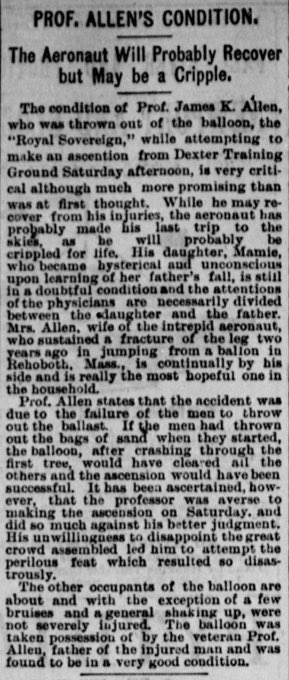 OTDRhodeIsland's tweet image. #OTD July 16, 1892, 'aeronaut' James Allen, of Providence, took off in the hot air balloon Royal Sovereign from Dexter Training Ground. Allen quickly lost control & was tossed from the balloon, breaking his leg. Over 4,000 people were gathered to witness the 'balloon ascension'.