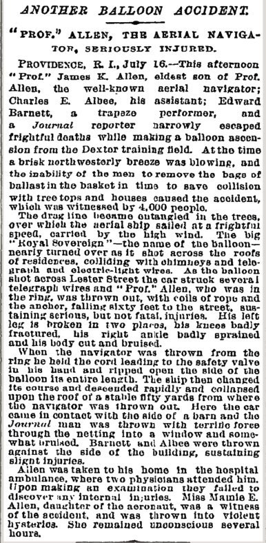 OTDRhodeIsland's tweet image. #OTD July 16, 1892, 'aeronaut' James Allen, of Providence, took off in the hot air balloon Royal Sovereign from Dexter Training Ground. Allen quickly lost control & was tossed from the balloon, breaking his leg. Over 4,000 people were gathered to witness the 'balloon ascension'.
