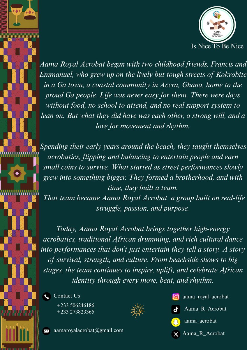 From the streets of Kokrobite to the world 🌍
Aama Royal Acrobat brings energy, culture, and real African stories through acrobatics, drumming, and dance.
#AamaRoyalAcrobat #CultureInMotion #africantoworld #ghanagermany🇬🇭🇩🇪❤️ #ghanafrance🇬🇭🇫🇷🤍❤️
<a href="/SHARK_P10/">prince shark🦈</a> <a href="/Enilart/">ENIL</a> <a href="/enokay69/">Enokay69</a>