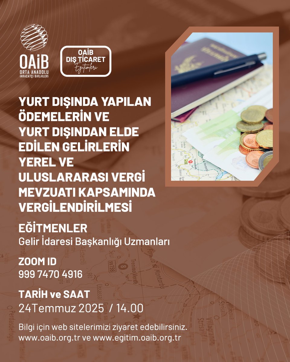 Yurt dışında yapılan ödemelerin ve yurt dışından elde edilen gelirlerin yerel ve uluslararası vergi mevzuatı kapsamında vergilendirilmesi, 24 Temmuz Perşembe günü saat 14.00’te Gelir İdaresi Başkanlığı uzmanlarının anlatımlarıyla gerçekleşecektir.