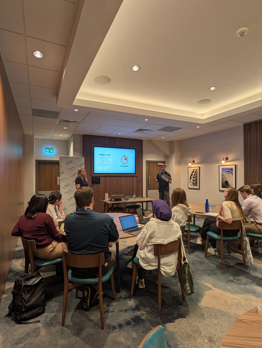 mndresearch's tweet image. Day 2 of #MNDEnCouRageUK 2025 began with some media training 🎥
It’s so important for #MND #ALS early career researchers to be able to share their research with the general public!
We’ve been giving them tips for doing interviews and using social media to talk about their work…