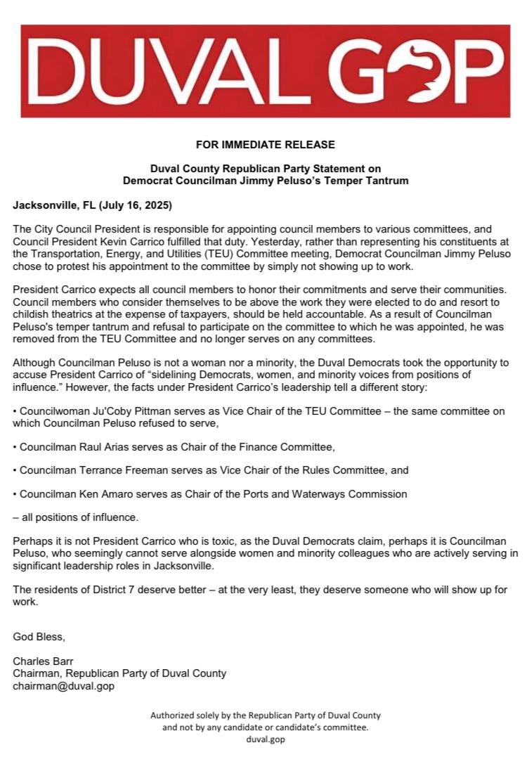 DuvalGOP's tweet image. Duval GOP statement on Democrat Councilman Jimmy Peluso’s Temper Tantrum
CC: @CMKevinCarrico @NickHowland15 @TFreemanJax @_JoeCarlucci_ @RaulAriasJAX @RoryDiamond @kenamaro9 @gay_council @DeanBlackFL @RonDeSantis @realDonaldTrump @FloridaGOP