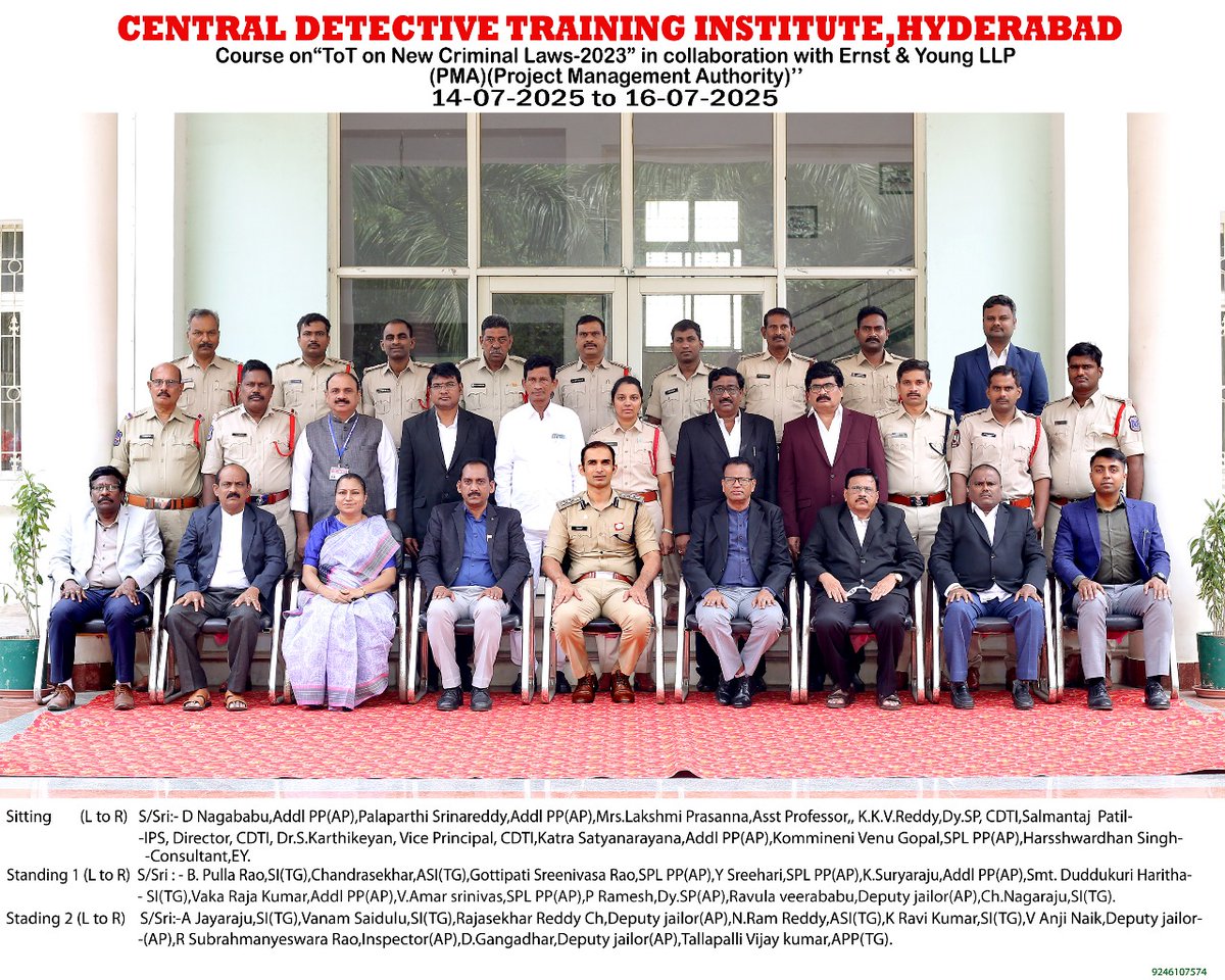 Conducted three days Batch 1 ToT Course on 'New Criminal Laws - 2023 (Part 2)' from 14.07.2025 to 16.07.2025 in collaboration with PMA team at CDTI, Hyderabad.  24 Officers (Police  Officers  -09; Prison Officers - 5 and Prosecution - 10) have participated in this course.