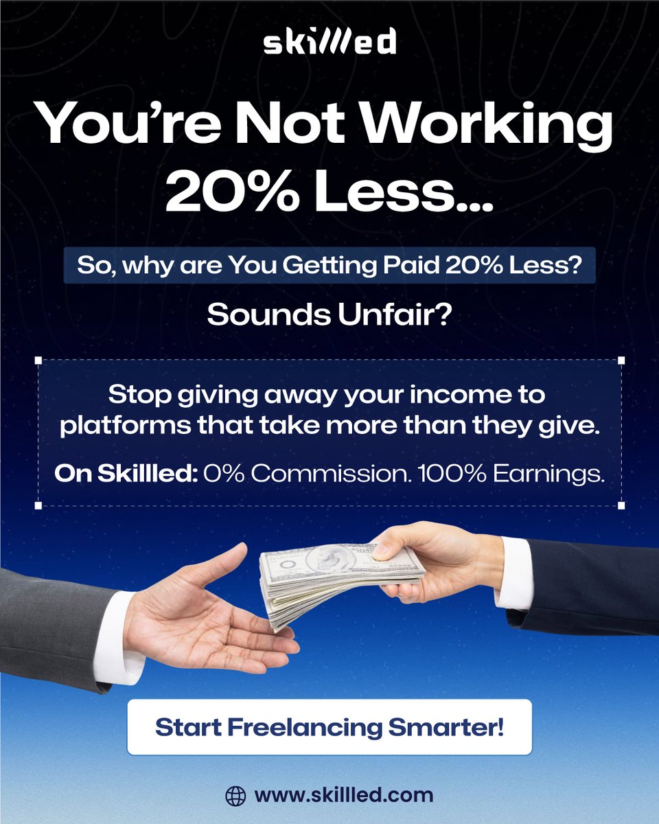 skillledjobs's tweet photo. You bring the Skills. You Deliver the Results.
So why not take home 100% of your pay?
Skillled makes it fair.
.
.
.
.
#FreelanceLife #Skillled #FreelancingMyths #FreelanceLife #SkillledPlatform #FutureOfWork #FreelancerTips #WorkYourWay #RemoteWork https://t.co/9rFrqD6GZl
