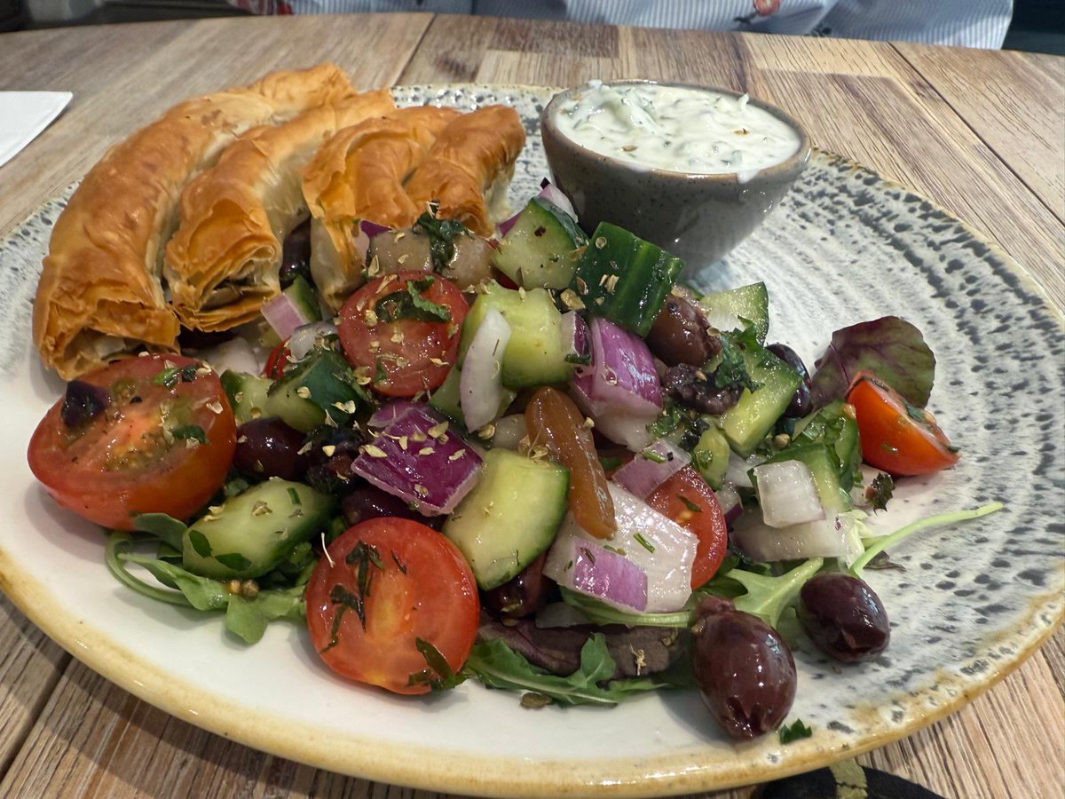 Today's special: spinach and feta Spanakopita with a Greek salad and Tzatziki! 🇬🇷