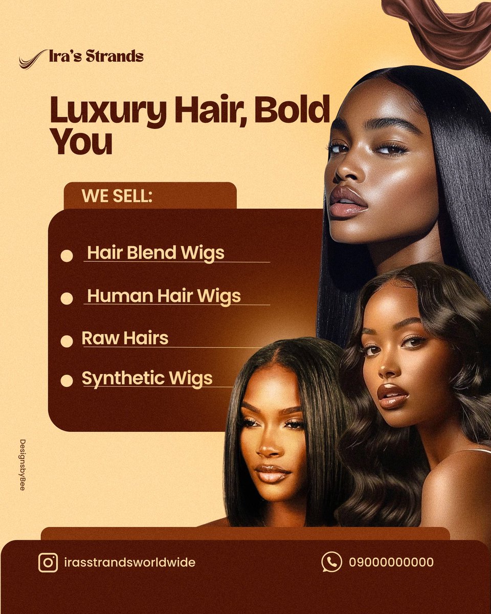 designssbybee's tweet photo. Silk, blend or raw hair that speaks luxury in every strand
At Ira’s Strands, we help you switch up your look with confidence and class👸🏾✨
What do we think of this design?
#designsbybee
#creativegraphicsdesigner
#socialmediaflyer
#hairflyerdesign https://t.co/QEEJxiDva2