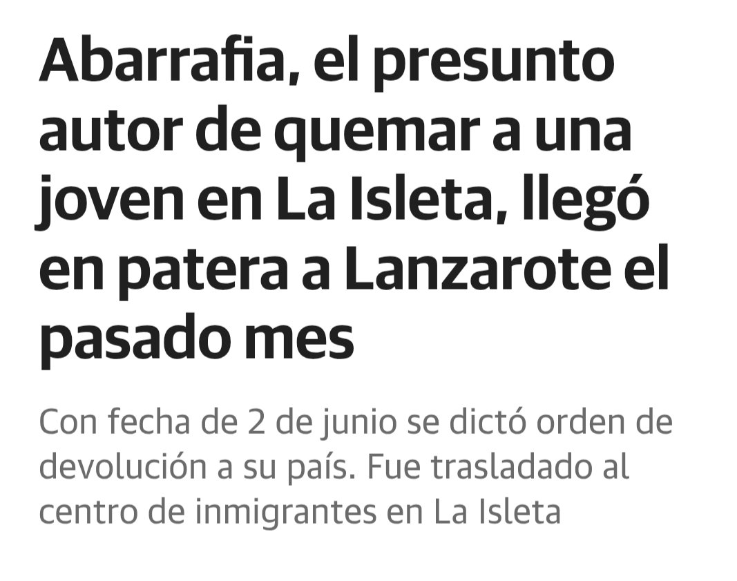 🔴 El magrebí de 20 años que ha quemado viva a su novia de 17 años en Canarias entró como inmigrante ilegal hace 1 mes.

Tenía pendiente una orden de devolución no ejecutada.

👉🏻 Si le hubiesen deportado esa chica no habría sido quemada. Bastaba con CUMPLIR LA LEY ACTUAL.