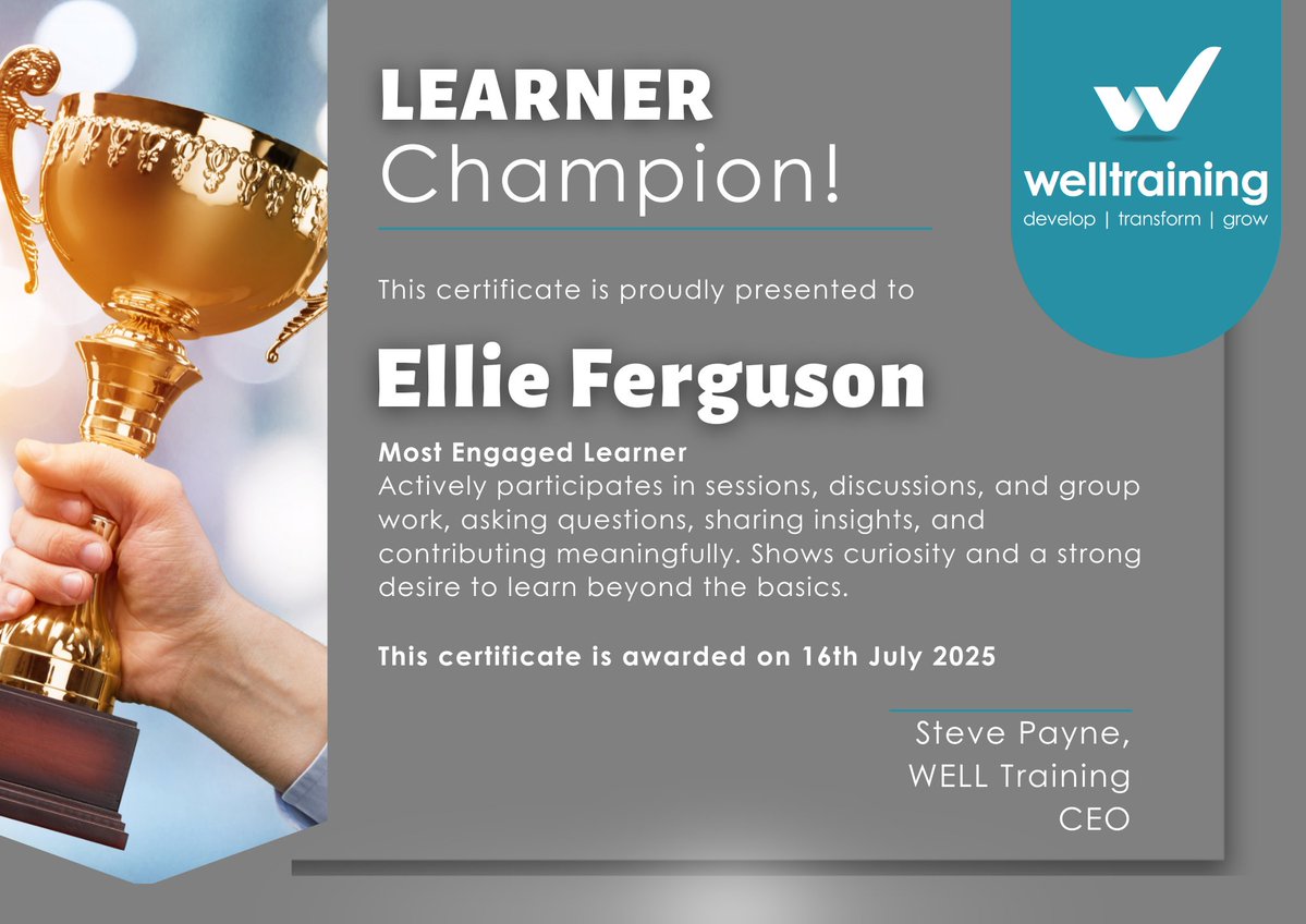 WELLTraining2's tweet image. Our 2nd Learner Champion Ellie Ferguson, Most Engaged Learner! Ellie has hit the ground running with her Operations Manager Apprenticeship! #LearnerChampion #mostengaged #success #learnerchampion #awards #neverstoplearning #celebration #apprenticeships #WednesdayWinners
