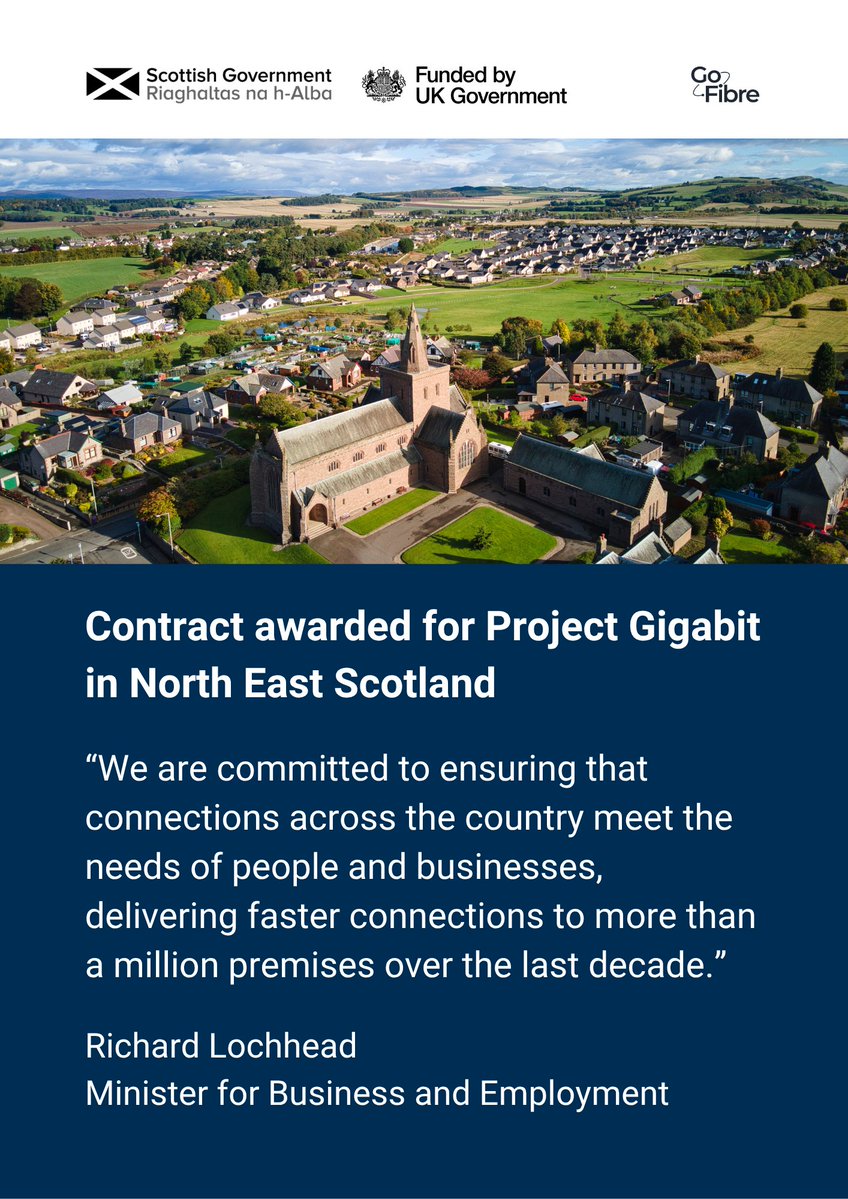 Digital Connectivity Scotland (@digconnectscot) on Twitter photo The <a href="/scotgov/">Scottish Government</a> has awarded a major contract to <a href="/GoFibre_UK/">GoFibre</a> to deliver gigabit broadband to around 63,000 homes and businesses in the North East of Scotland.
Building on our #R100 success to create a #DigitalScotland for everyone.
More ➡ digitalconnectivity.campaign.gov.scot/news/2025/07/b… The <a href="/scotgov/">Scottish Government</a> has awarded a major contract to <a href="/GoFibre_UK/">GoFibre</a> to deliver gigabit broadband to around 63,000 homes and businesses in the North East of Scotland.
Building on our #R100 success to create a #DigitalScotland for everyone.
More ➡ digitalconnectivity.campaign.gov.scot/news/2025/07/b…