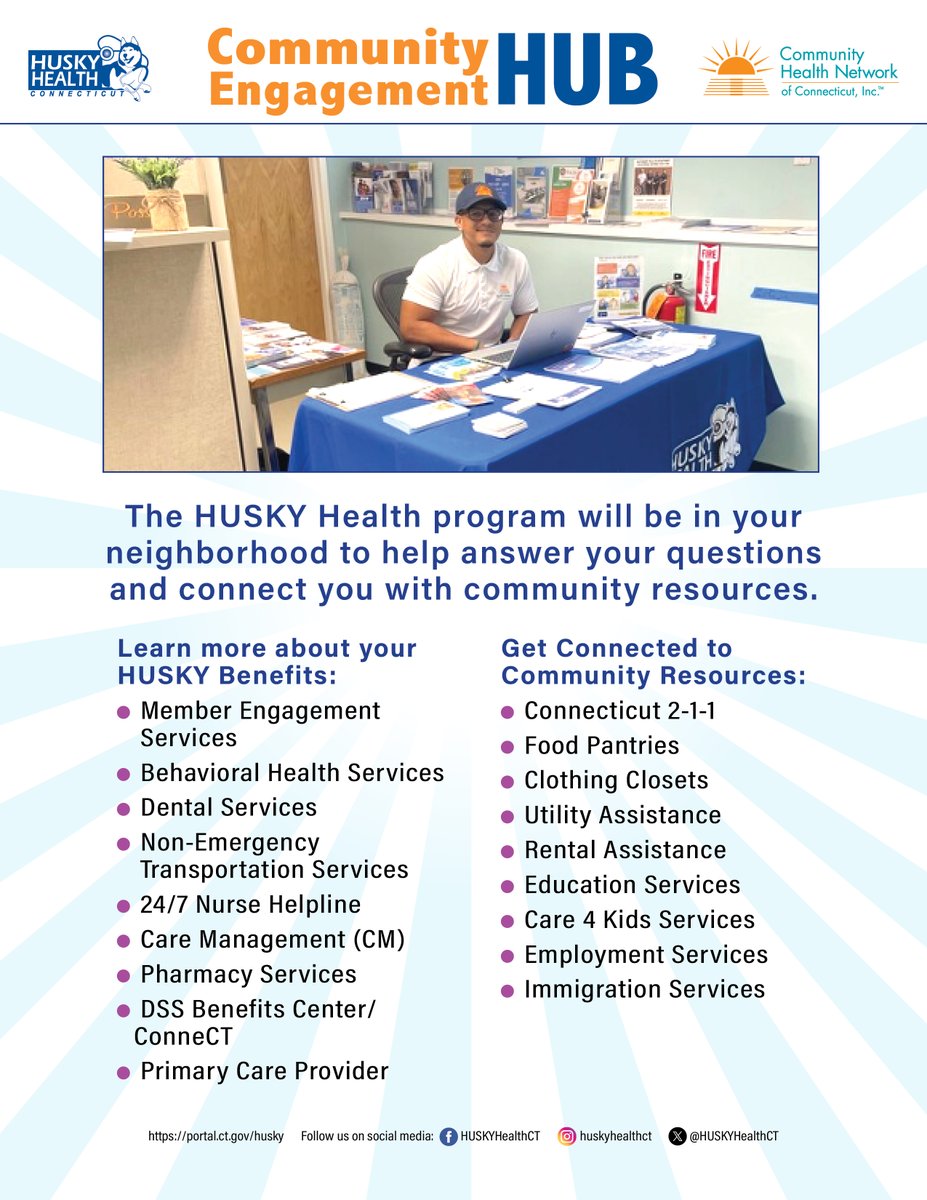 The HUSKY Health program will have a resource table today in Hartford, New Haven, Stratford and Torrington. We can help answer your questions and connect you with community resources. For more details, please visit: l8r.it/rfb8