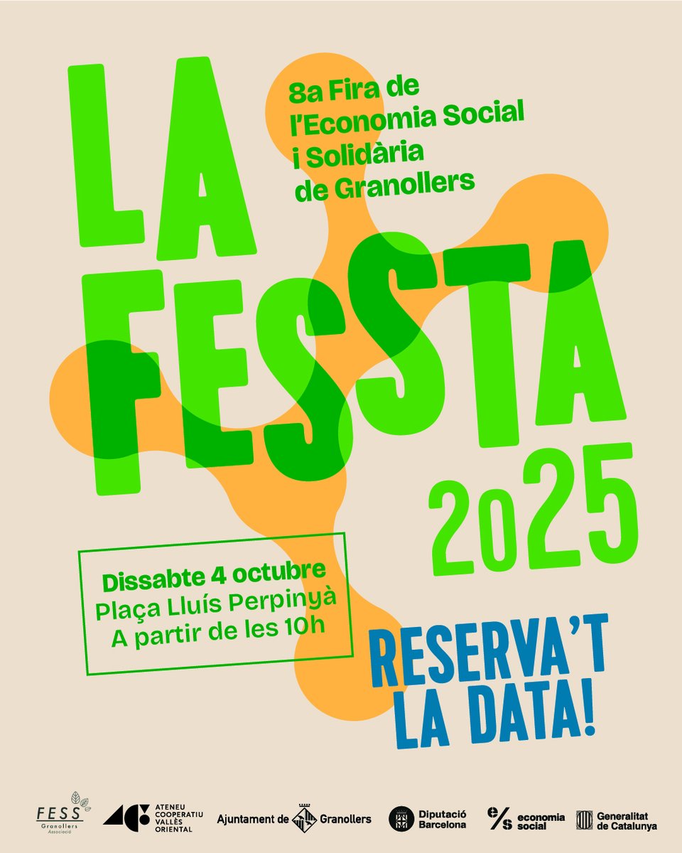 Ateneu Cooperatiu del Vallès Oriental (@ateneucoopvor) on Twitter photo 🗣️Arriba la més esperada, la més social, la més solidària... Arriba la 8a edició de la FESS Granollers i amb ella la #FESSTA!
Una  jornada per acostar-vos i gaudir de l’economia social i solidària de Granollers i més enllà!
📅 4 oct
📍 Pl. Lluís Perpinyà 
🫶 Només hi faltes tu 🗣️Arriba la més esperada, la més social, la més solidària... Arriba la 8a edició de la FESS Granollers i amb ella la #FESSTA!
Una  jornada per acostar-vos i gaudir de l’economia social i solidària de Granollers i més enllà!
📅 4 oct
📍 Pl. Lluís Perpinyà 
🫶 Només hi faltes tu