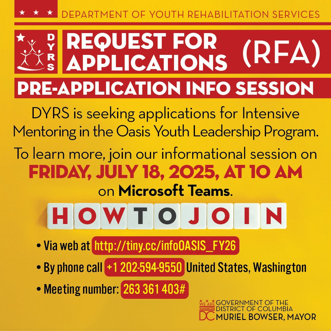 SalimForWard8's tweet image. Are you dedicated to mentoring at-risk youth?
Providing intensive mentoring and looking to grow your reach?
Don’t miss the upcoming Info Session on a new grant opportunity that could support and expand your work!
#GrantOpportunity #MentorsMatter #DCYouth #WeAreWard8 #SalimAdofo
