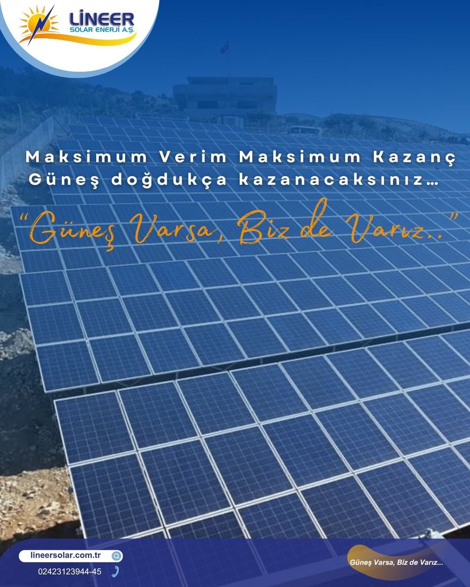 ☀️ Maksimum Verim, Maksimum Kazanç!
Güneş doğdukça siz de kazanmaya devam edin!
Lineer Solar Enerji A.Ş. olarak güvenilir, sürdürülebilir ve anahtar teslim çözümlerimizle yanınızdayız.

🌞 “Güneş Varsa, Biz de Varız…”

📞 0242 312 39 44 – 45
🌐 lineersolar.com.tr