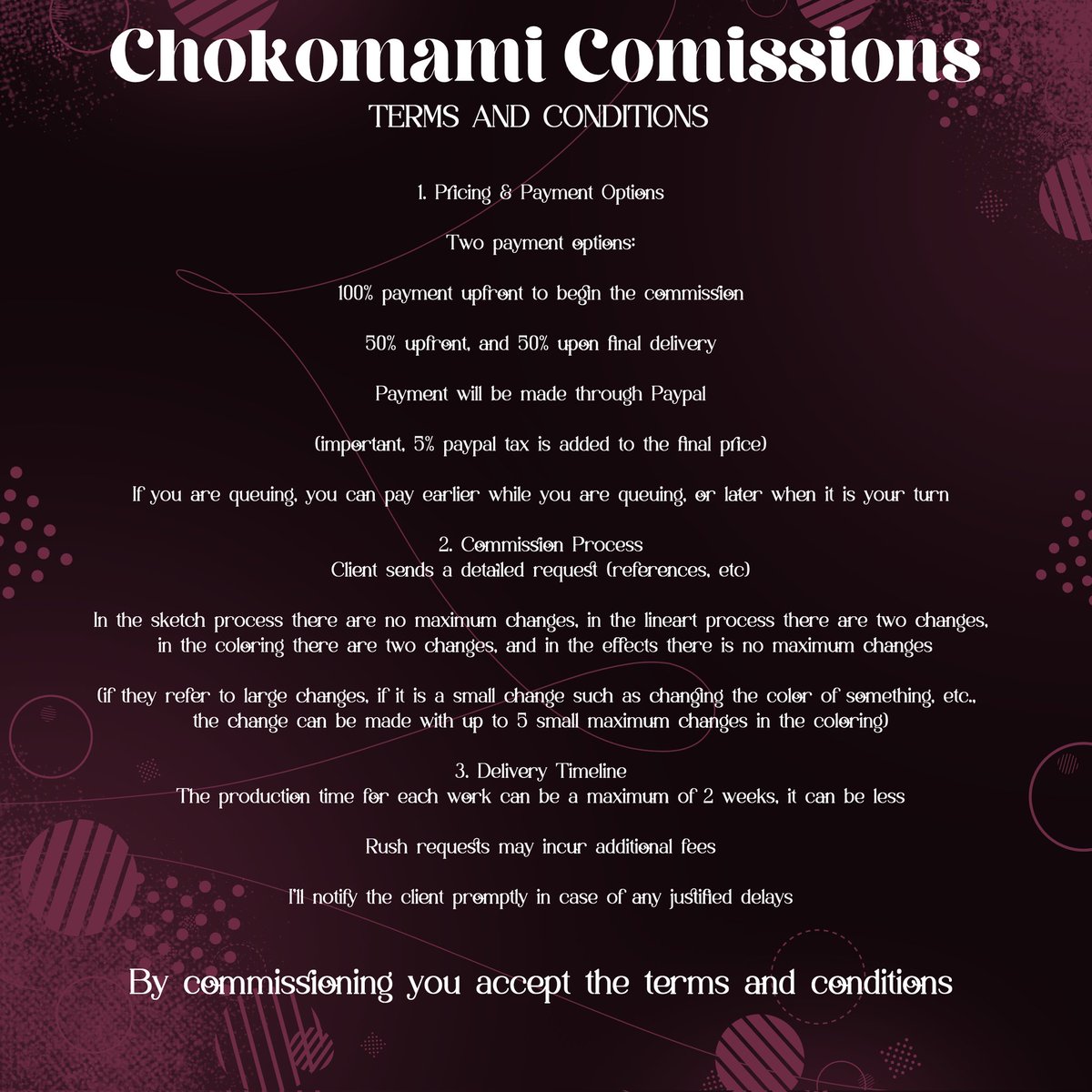 These are my commissions! ^u^

If you have any questions you can talk to me on Twitter (X), or on my discord (Chokomami)!(⁠人⁠*⁠´⁠∀⁠｀⁠)⁠｡⁠*ﾟ⁠+

The truth is that I am very excited to officially start this, I hope it exceeds your expectations >:)