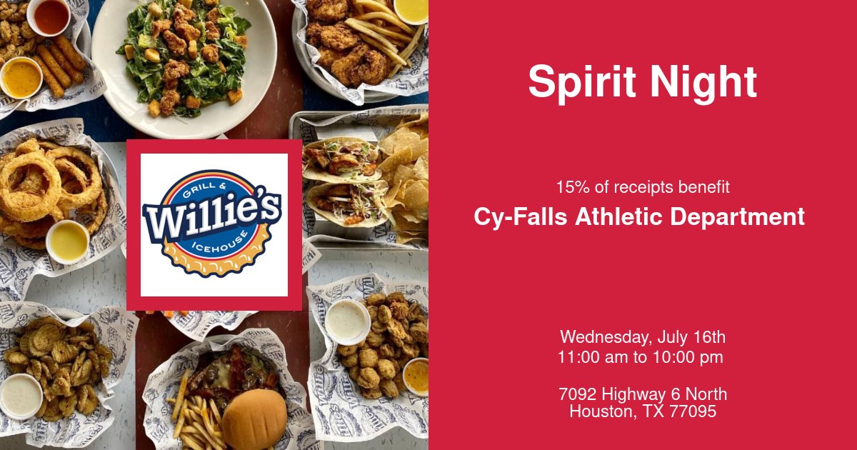 CyFallsFB's tweet image. Good morning,
Today is Spirit Night at Willie’s (Copperfield). Hope you are able to get by the Copperfield location from opening to close. Mention you are with CyFalls Athletics, and they will donate 15% back to our athletic program.
Thank you in advance.