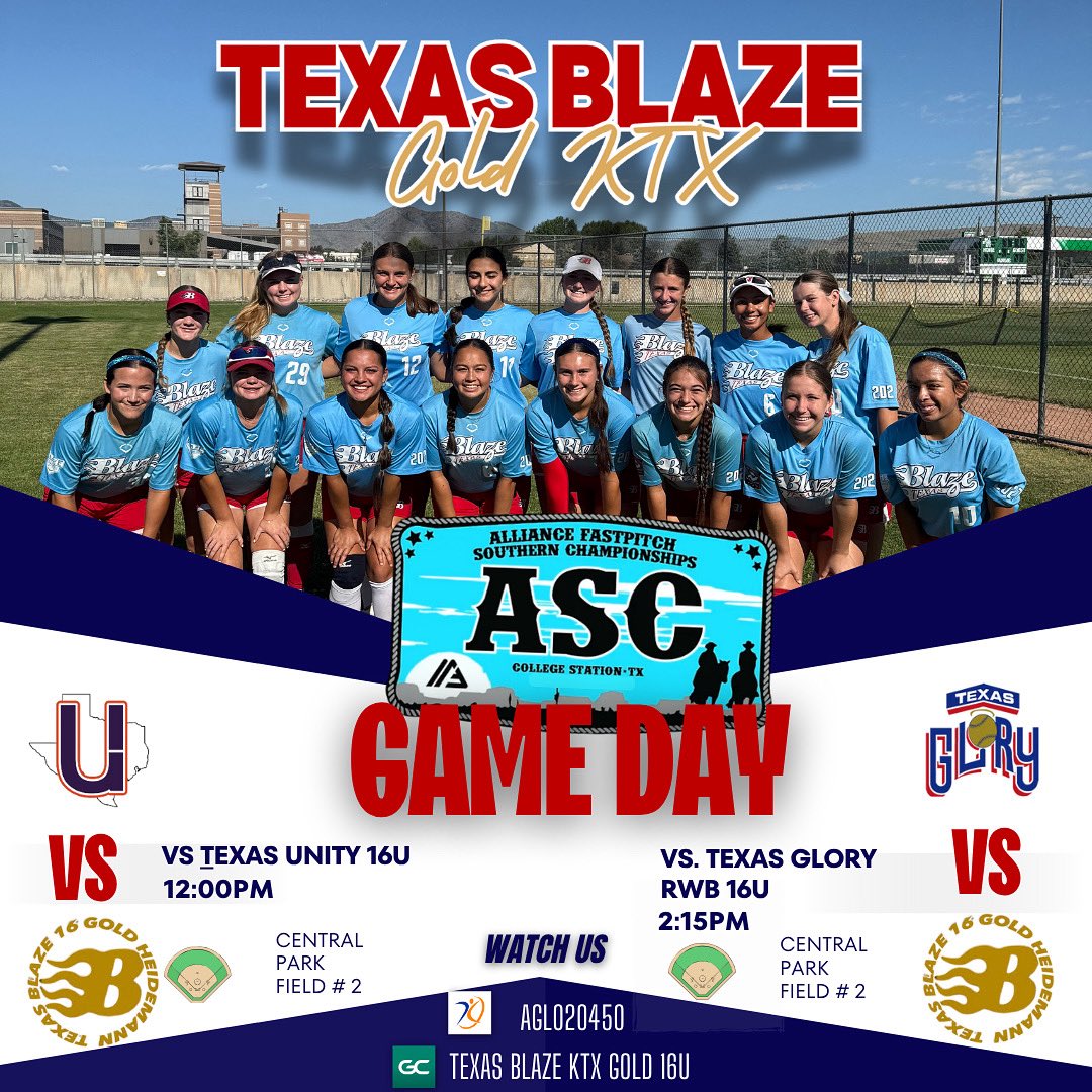 🔥 GAMEDAY IN COLLEGE STATION! 🔥
Texas Blaze KTX Gold 16U is ready to compete at the Alliance Fastpitch Southern Championships!
Come out and support the squad or follow the action on:
📲 GameChanger – AGL020450
📸 @TexasBlazeKTXGold16U

Let’s go, Blaze!! 🔥 #BeBlaze #ASC