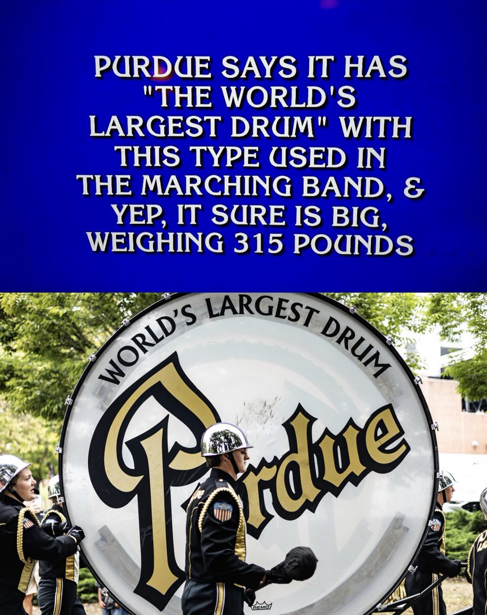 LifeAtPurdue's tweet image. “What is a bass drum?” 👀
Or should we say THE Big Bass Drum. 👏
Who saw this @PurdueBands feature on @Jeopardy last night?
