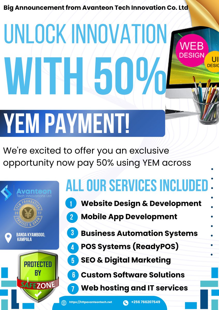 avanteontechinnovation (@avanteontech) on Twitter photo BIG ANNOUNCEMENT!
We now accept 50% payment in YEM
Websites
Mobile Apps
POS & Business Automation
SEO & More!
Kampala
📞 +256-766-207-549
avanteontechinnovations@gmail.com
Let’s build your dream tech solution
#AvanteonTech #YEM #KampalaTech #YEMAccepted BIG ANNOUNCEMENT!
We now accept 50% payment in YEM
Websites
Mobile Apps
POS & Business Automation
SEO & More!
Kampala
📞 +256-766-207-549
avanteontechinnovations@gmail.com
Let’s build your dream tech solution
#AvanteonTech #YEM #KampalaTech #YEMAccepted