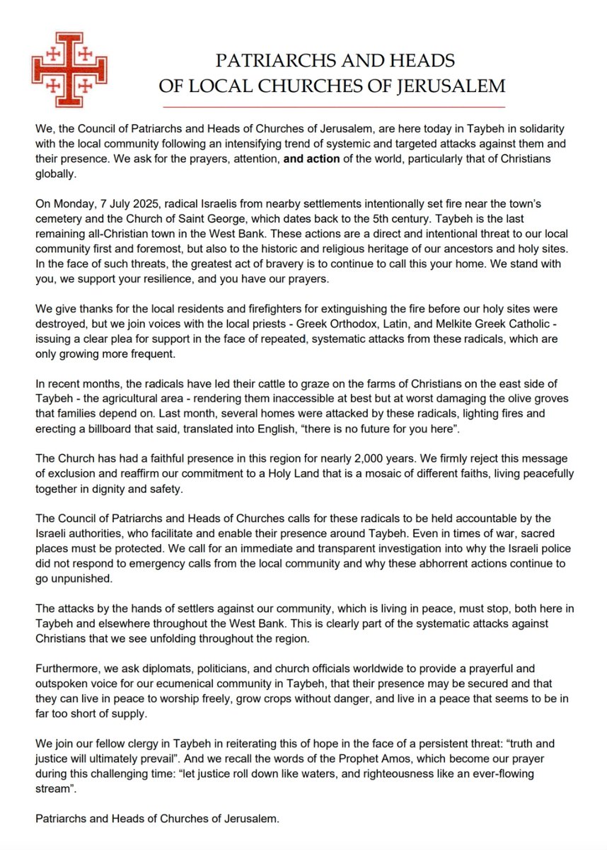 The Patriarchs and Heads of the Churches in #Jerusalem visited the Greek Orthodox Church of St. George in Taybeh, a village in the West Bank, to express their solidarity after a fire broke out in the church and town cemetery last week.