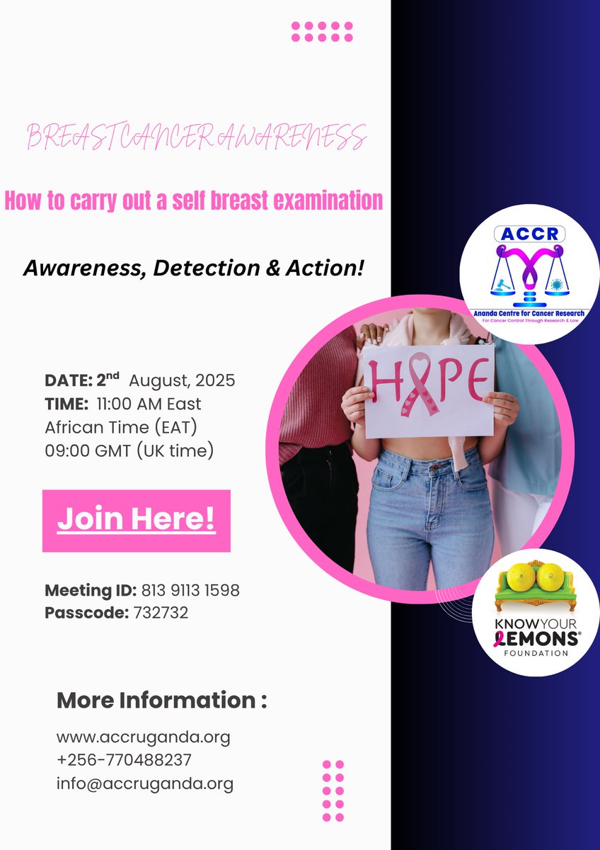 🎗️ Join us for an informative session that breaks down the basics of breast cancer, its causes and how to self examine. 

🗓 Date: 2nd August 2025
🕚 Time: 11:00 AM EAT | 09:00 AM GMT
📍 Online via Zoom

Meeting ID: 813 9113 1598
Passcode: 732732

<a href="/knowyourlemons/">Know Your Lemons 🍋🍋</a>