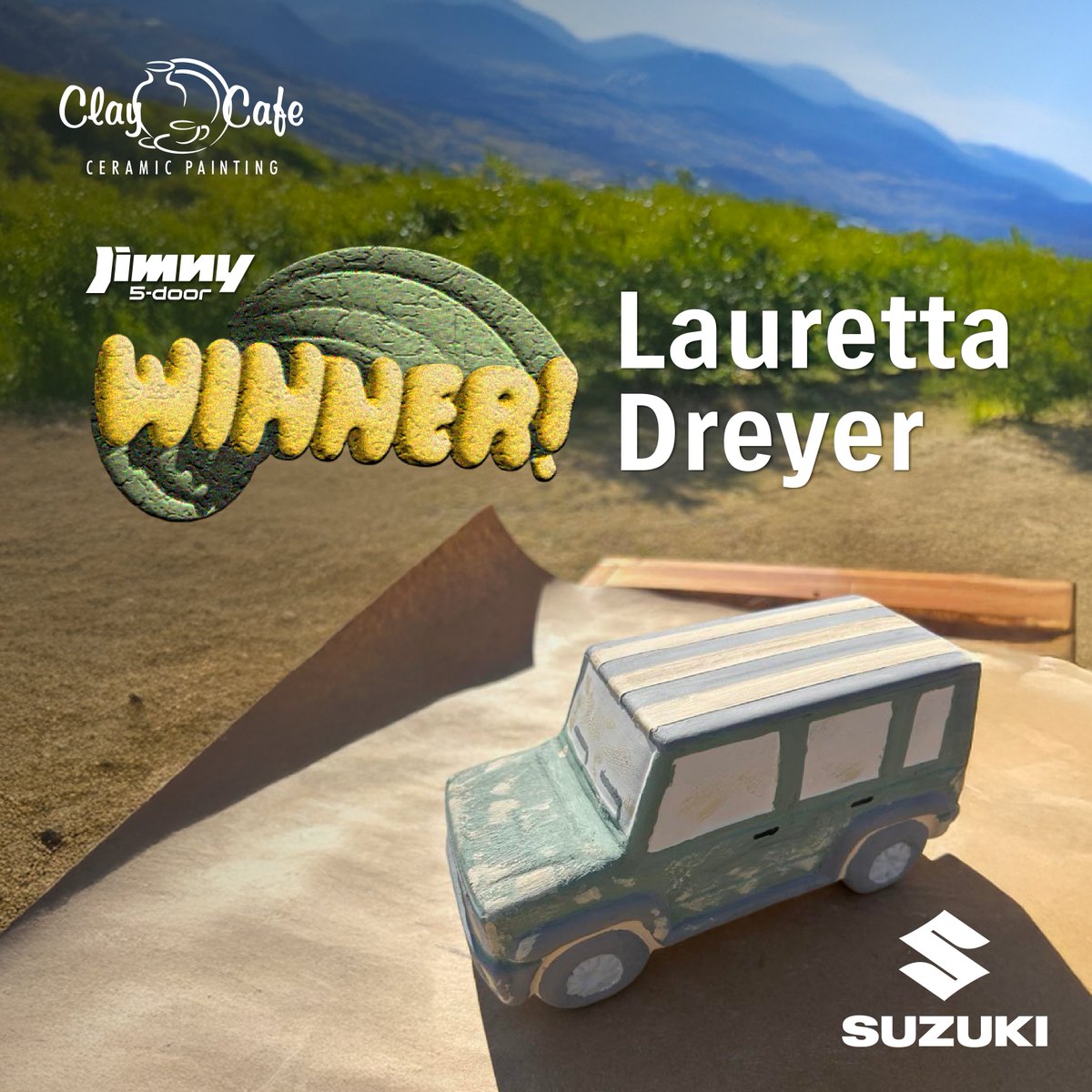 Suzuki_ZA's tweet image. Congratulations to our #JimnyClayCulture winner, Lauretta Dreyer; your Jimny 5-Door design was one of a kind! You’ve won a R1 000 Clay Café voucher to continue your artistic journey with. 🎨
#SuzukiSA #JimnyClayCulture