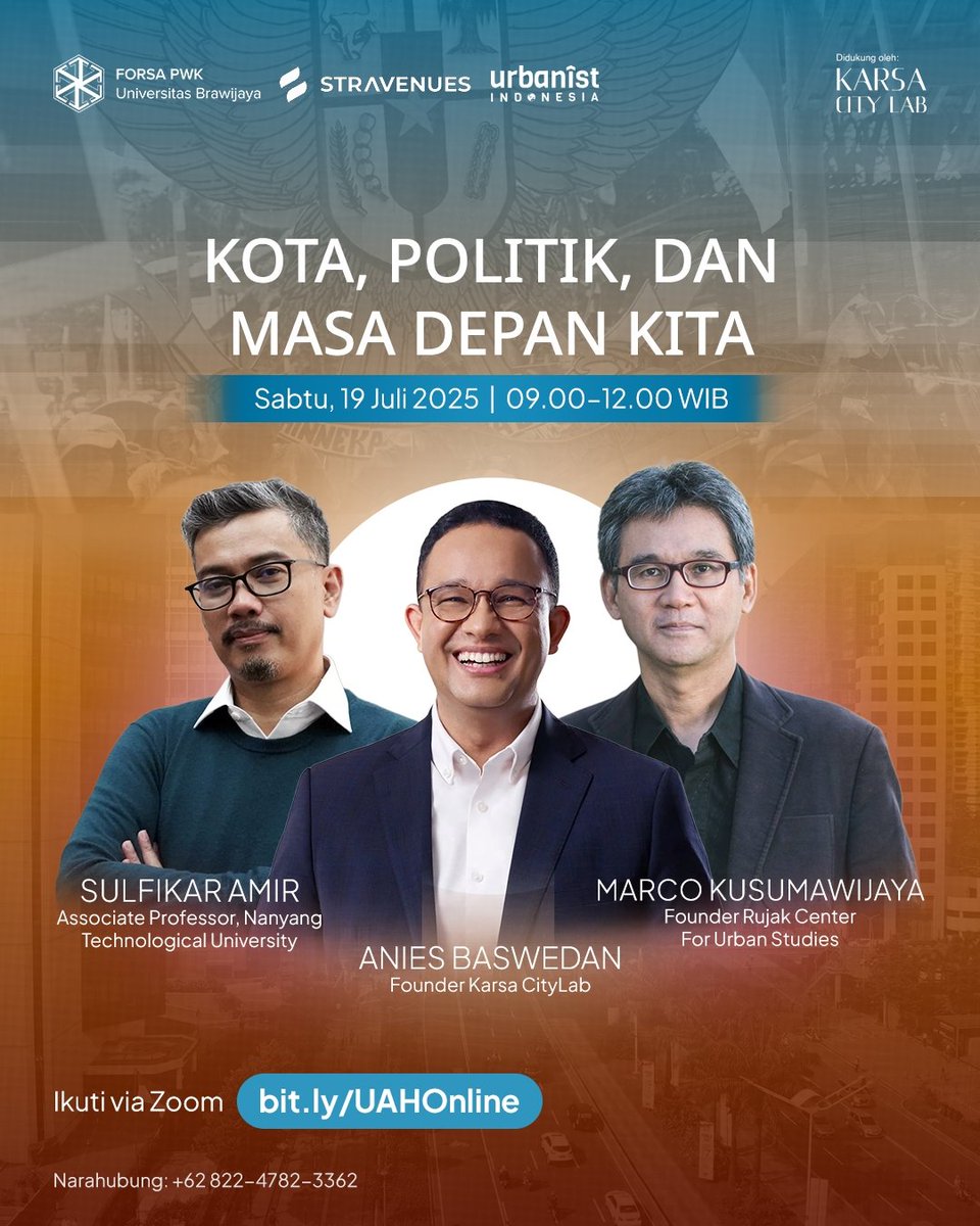 Sabtu besok, kami bareng sama Urbanist Indonesia dan Forsa PWK Universitas Brawijaya bakal menyelenggarakan diskusi Urban After Hours, mulai jam 09.00 - 12.00.

Temen-temen bisa daftar di bit.ly/UAHOnline buat dateng secara online. Kalo mau dateng langsung bisa, tapi