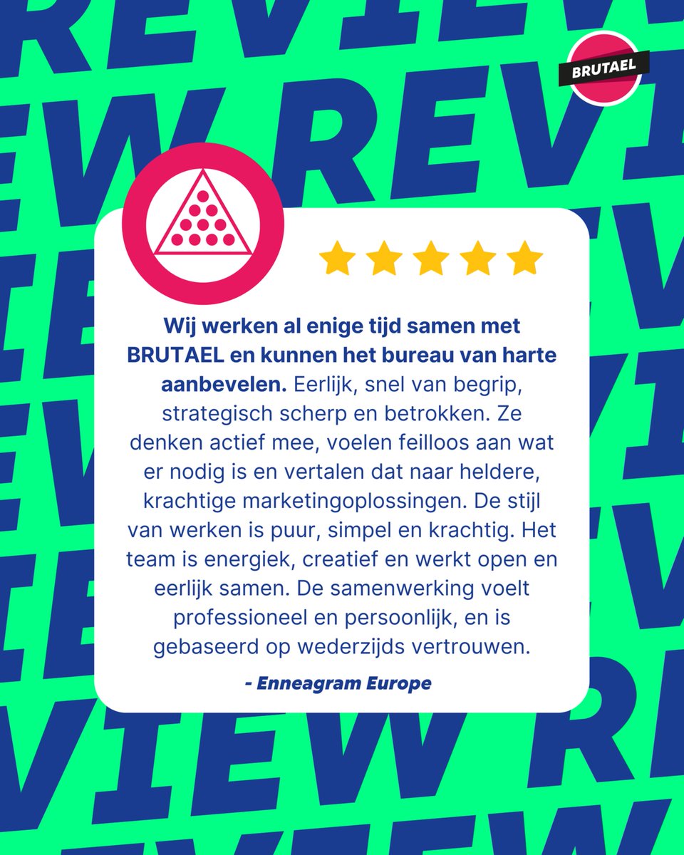 Eerlijk. Persoonlijk. Vertrouwd.
En dat is precies hoe wij het graag doen. 😉💙

Dank Enneagram Europe voor jullie vertrouwen. Samen maken we marketing die écht werkt, helder, krachtig en creatief. 🙌

#brutael #klantreview #marketingbureau #samenwerken #brandingmetimpact