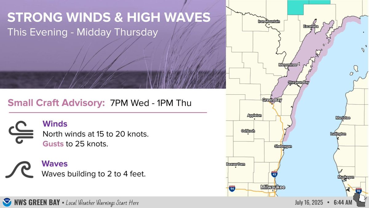 Conditions will become hazardous to small craft on the bay and nearshore waters of Lake Michigan starting this evening. Expect north wind gusts up to 25 knots and waves of 2 to 4 feet. 
#wiwx