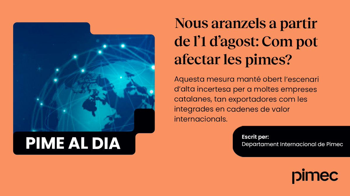 📰 Nous aranzels a partir de l’1 d’agost: Com pot afectar les pimes?

✍️ Tot i que el focus mediàtic s’ha centrat en les empreses que exporten als EUA, l’impacte potencial és més ampli. Moltes pimes catalanes poden veure’s afectades de manera indirecta.

tinyurl.com/23vdan35