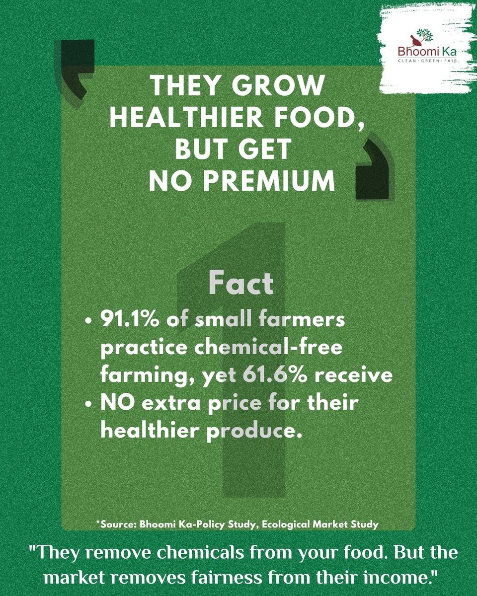 BhoomiKaEco's tweet photo. Five reasons to support chemical-free farmers.
They grow healthier food.
They protect the land.
They do it all β without fair recognition.
This is what our study revealed β and what our campaign is fighting to change.
#BhoomiKaCampaign #SoilOverSilence #SupportSmallFarmers https://t.co/5t0H794swL