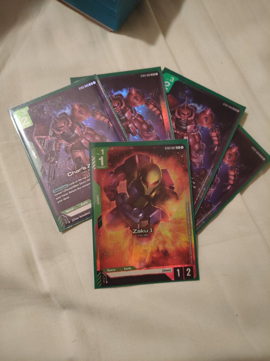 GatesMolten's tweet image. Went to get the infamous second deck, at least now I have four of everything I need before GD01. Also a full art Zaku I!