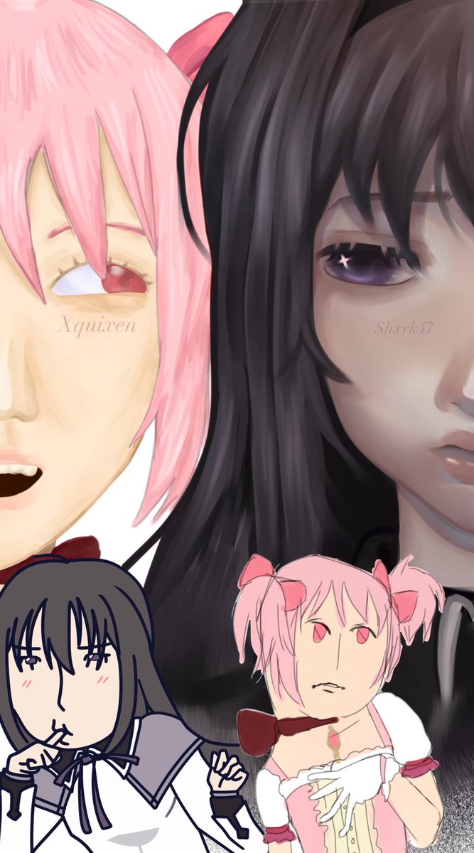 xquixen's tweet image. Sorry for not posting in a while! I’ve been trying to get out of art block. 💔
Anyhow, Here’s an art collab I did with my friend Shxrk47 On TikTok! :D
#MadokaMagica #madoka #homura #madohomu