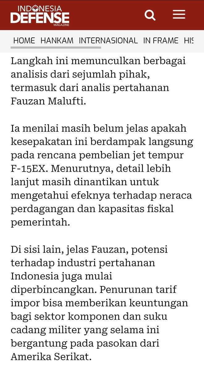 Fauzan Malufti 🇮🇩 (@fmalufti) on Twitter photo Shared my thoughts with <a href="/IDefenseMagz/">IDefenseMagz</a> on how the 🇮🇩🇺🇸 trade deal might affect 🇮🇩's defense industry and military. It’s still too early to say whether the agreement will bring any notable impact.
indonesiadefense.com/kesepakatan-da… Shared my thoughts with <a href="/IDefenseMagz/">IDefenseMagz</a> on how the 🇮🇩🇺🇸 trade deal might affect 🇮🇩's defense industry and military. It’s still too early to say whether the agreement will bring any notable impact.
indonesiadefense.com/kesepakatan-da…