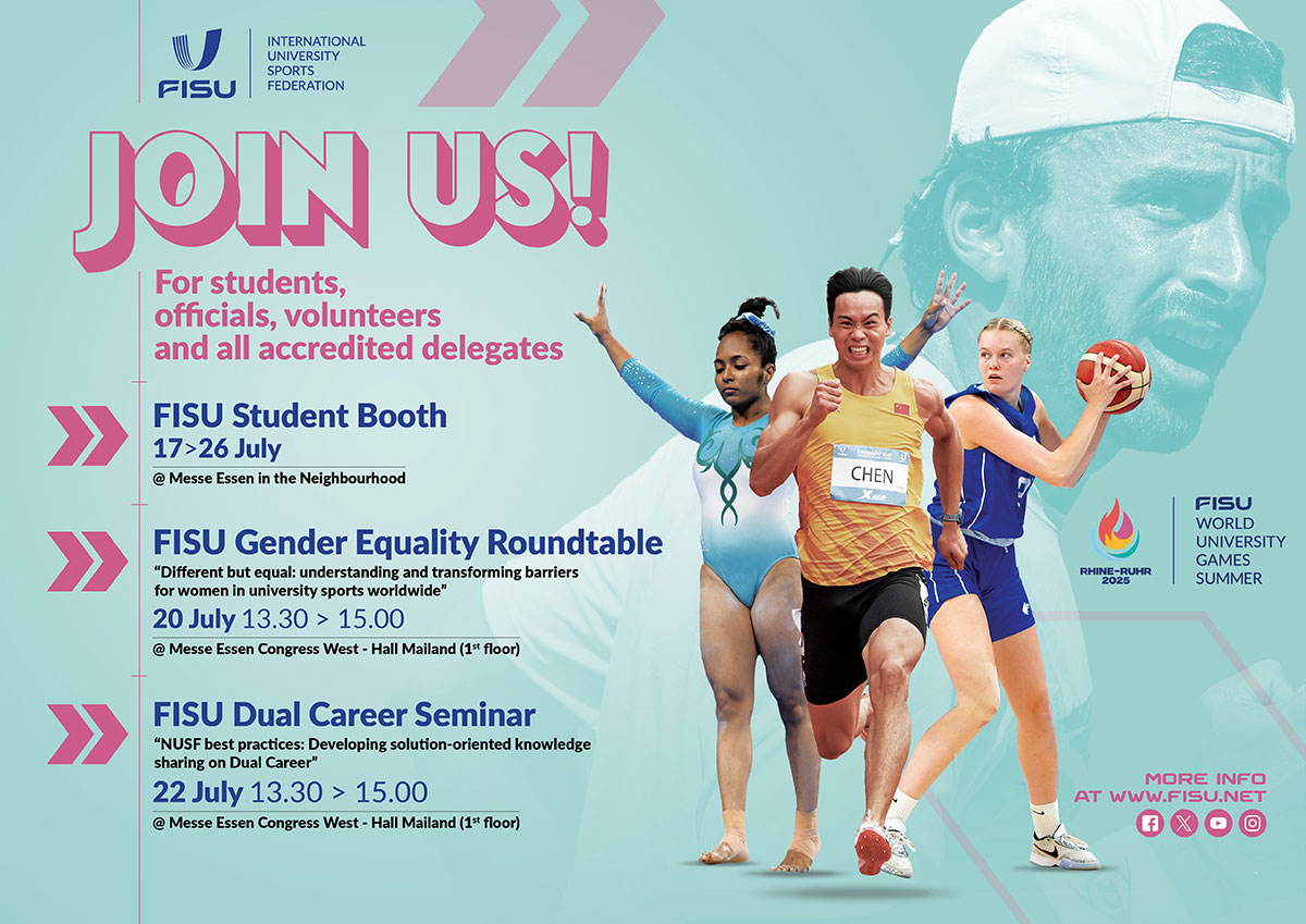 FISU's tweet image. Join us for the FISU educational activities happening during de Rhine-Ruhr 2025 FISU Games !
FISU Student Booth from 17 to 26 - for accredited delegations
๐Messe Essen - Neighbourhood
FISU Gender Equality Roundtable on 20 July - no registration needed More info๐๐ผโฆ